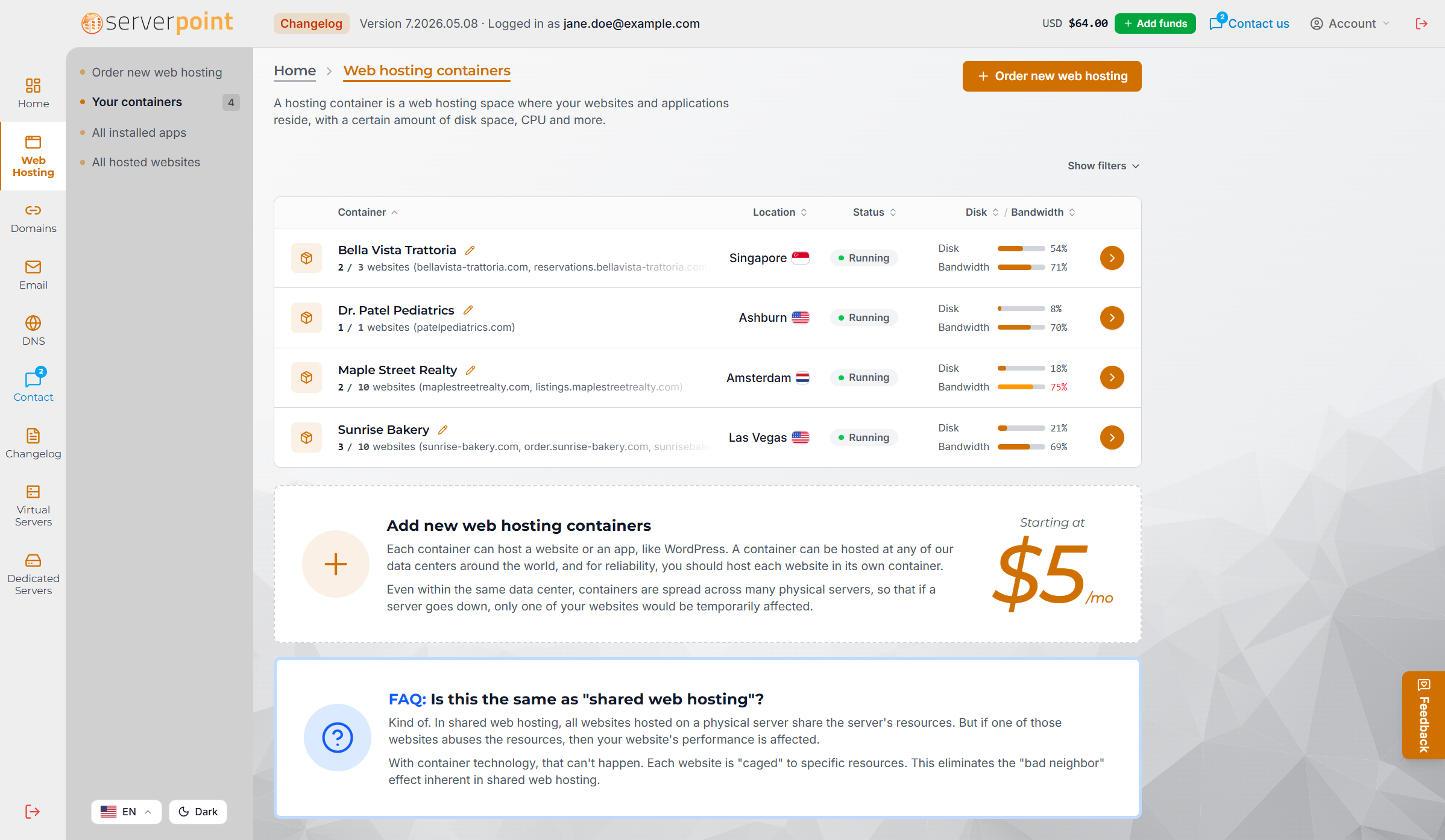 All your hosting websites in one place, with their location, status, and resource use visible at a glance