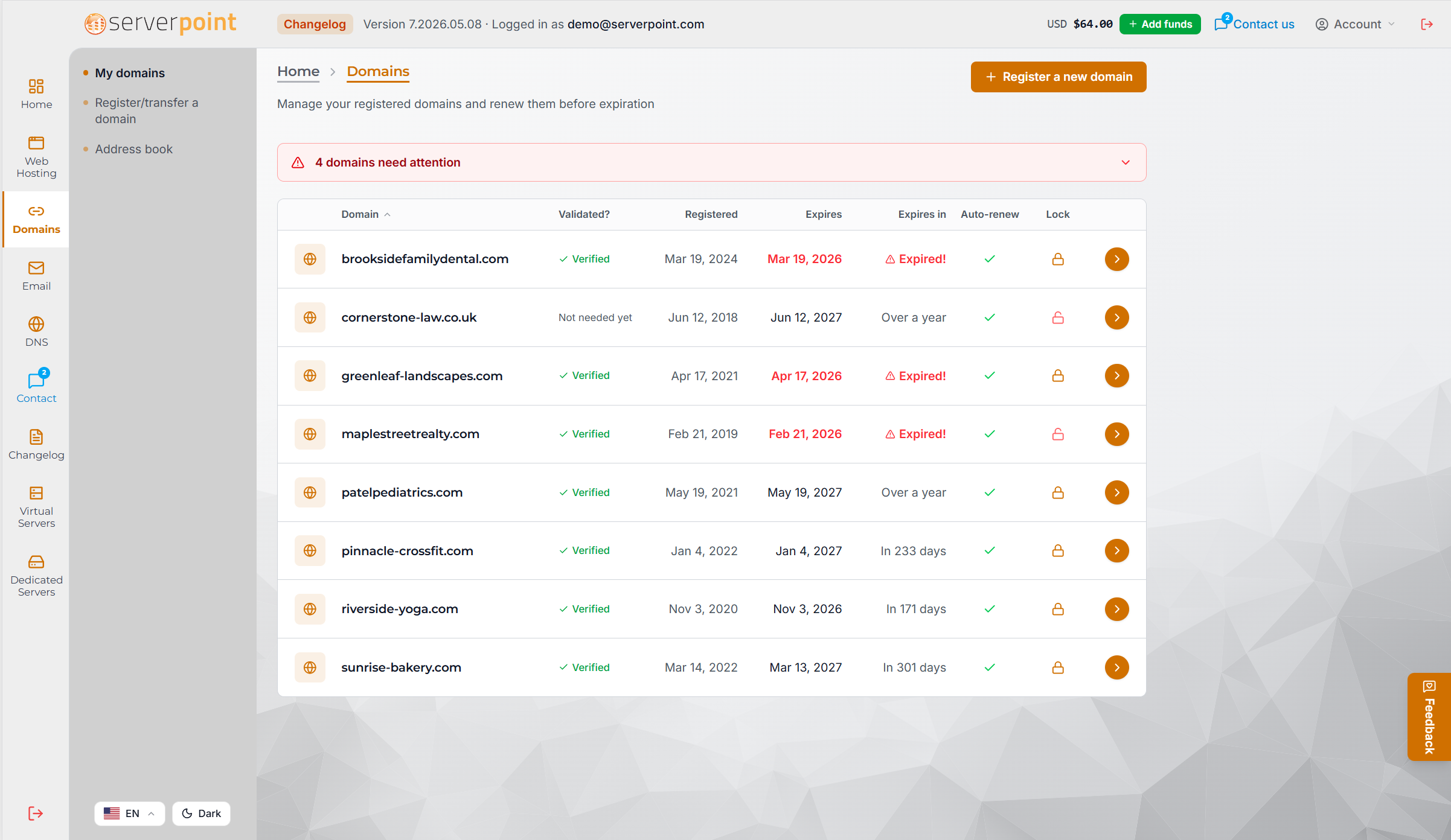 Domain management in the Client Portal, with expiration tracking and auto-renew status