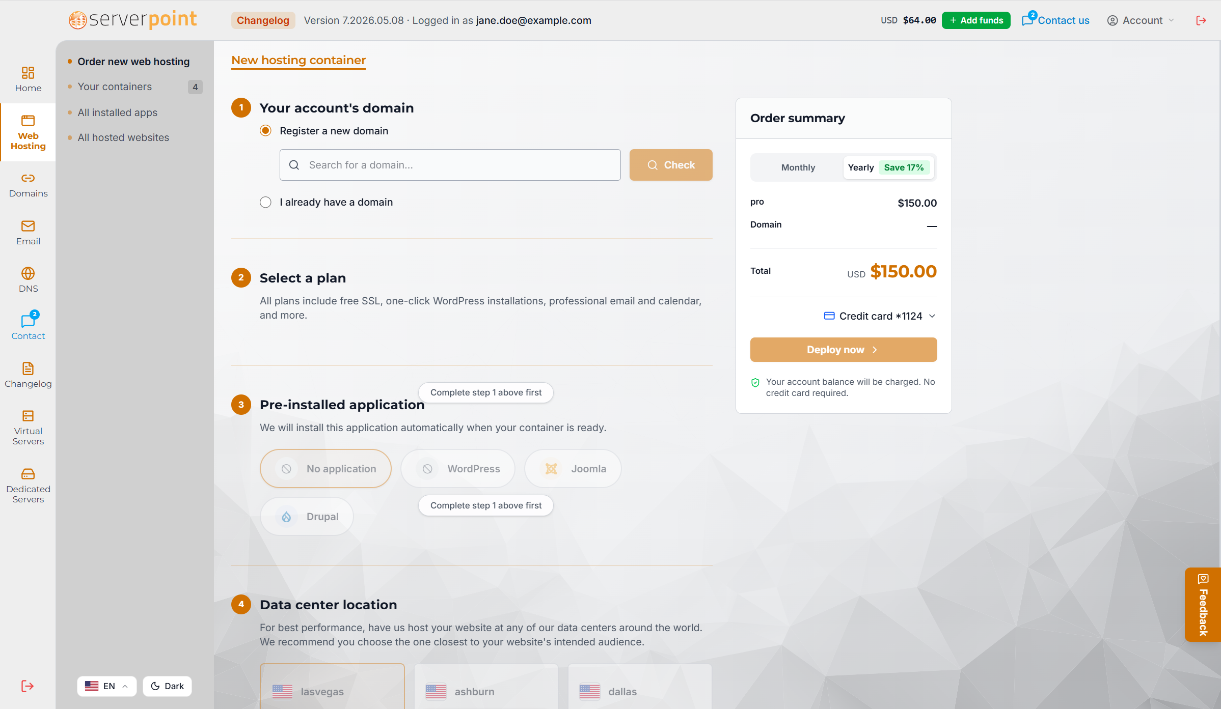New hosting website setup: pick a domain, a plan, an application to pre-install, and the data center closest to your visitors