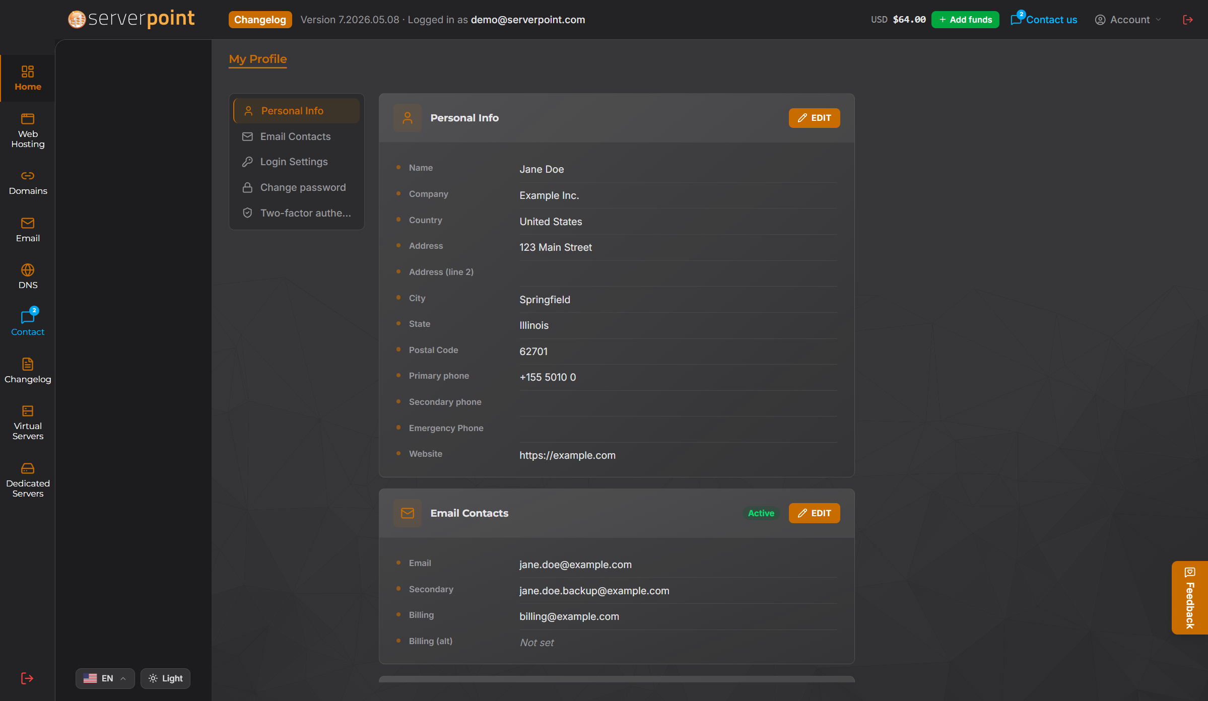 Profile and account settings in the Client Portal (dark mode)
