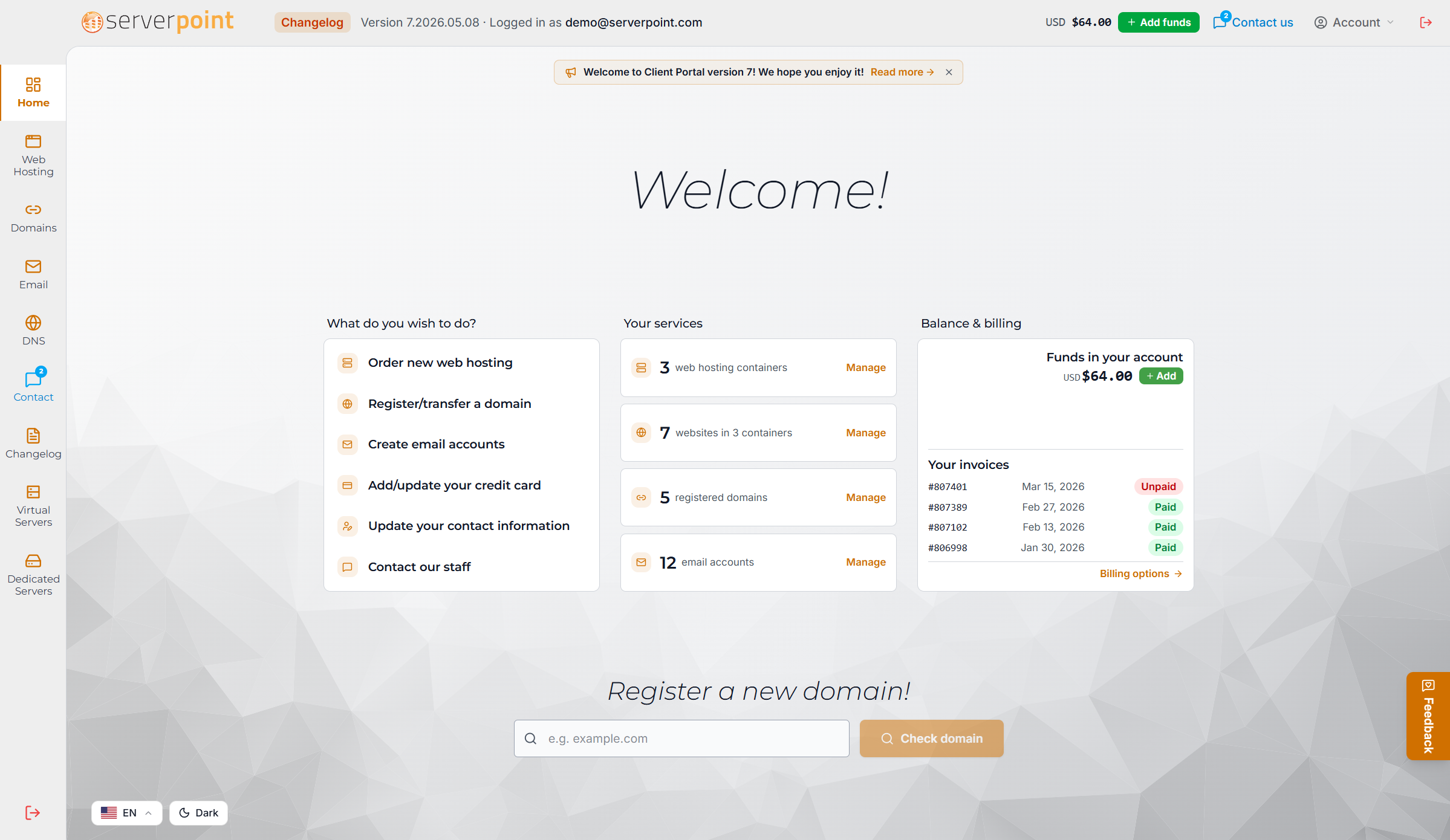 Client Portal welcome dashboard with services and billing at a glance